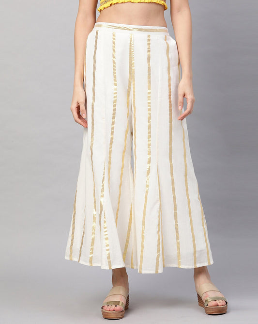 Cream Pure Silk Striped Mid Rise Regular Fit Palazzo For Women