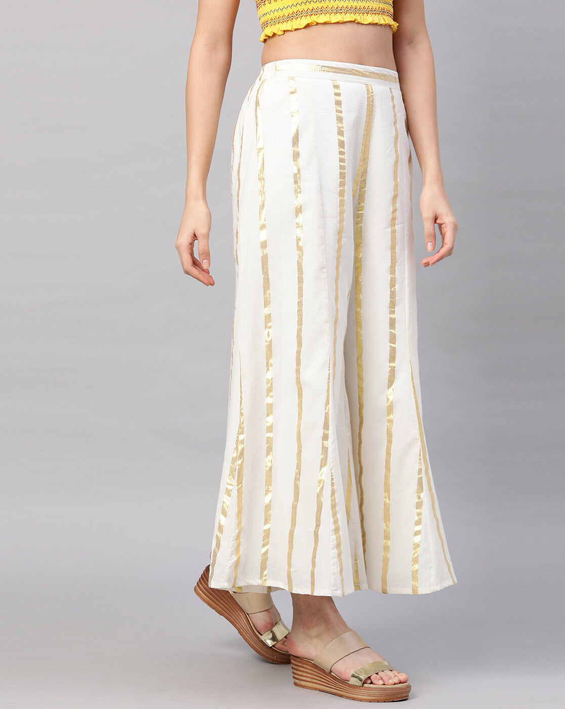 Cream Pure Silk Striped Mid Rise Regular Fit Palazzo For Women