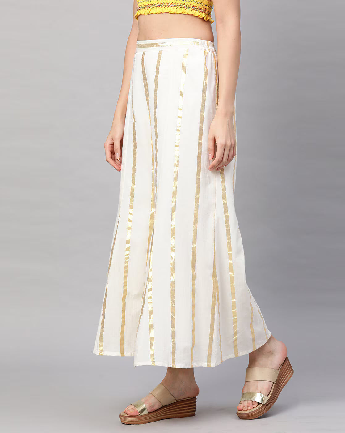 Cream Pure Silk Striped Mid Rise Regular Fit Palazzo For Women