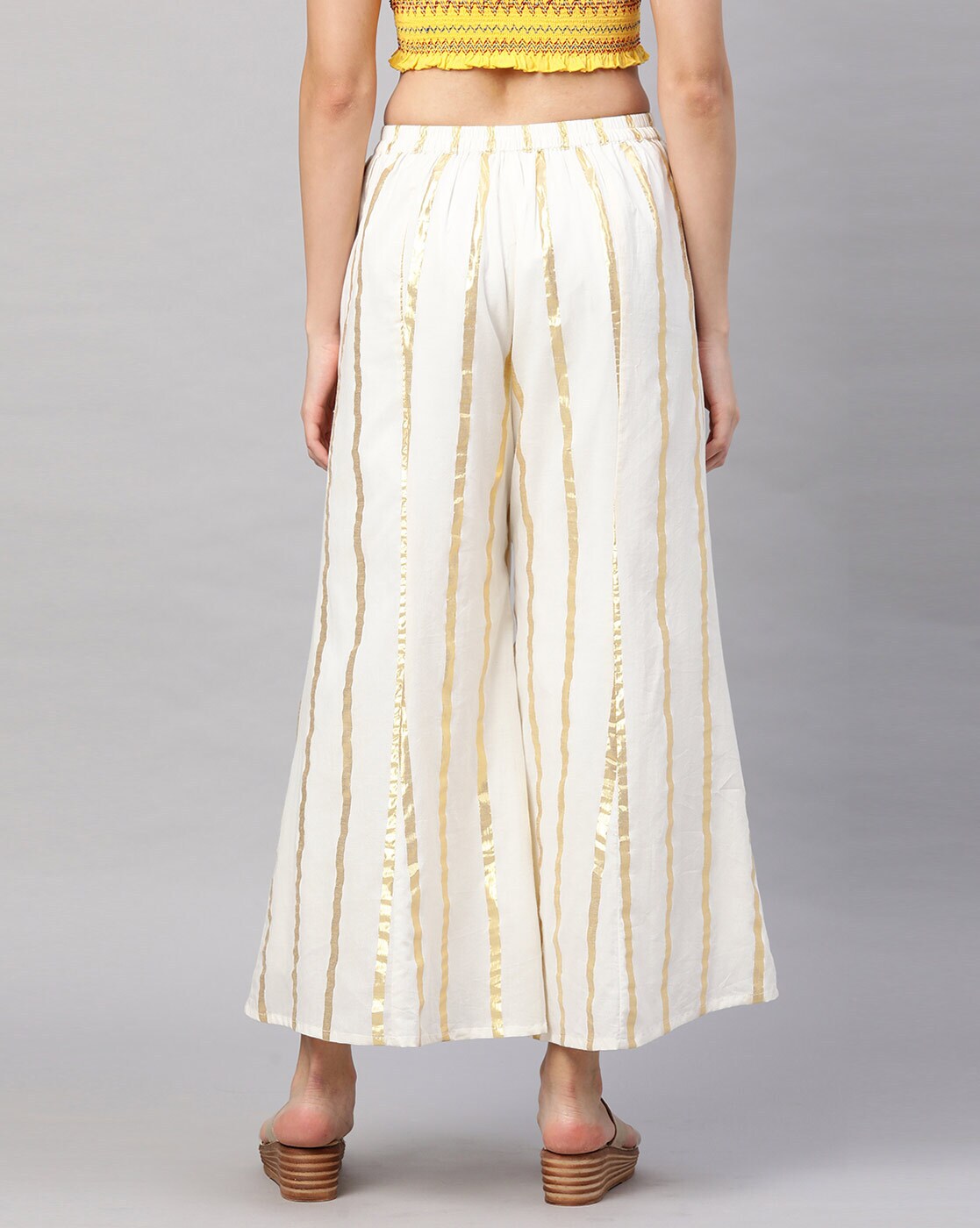 Cream Pure Silk Striped Mid Rise Regular Fit Palazzo For Women
