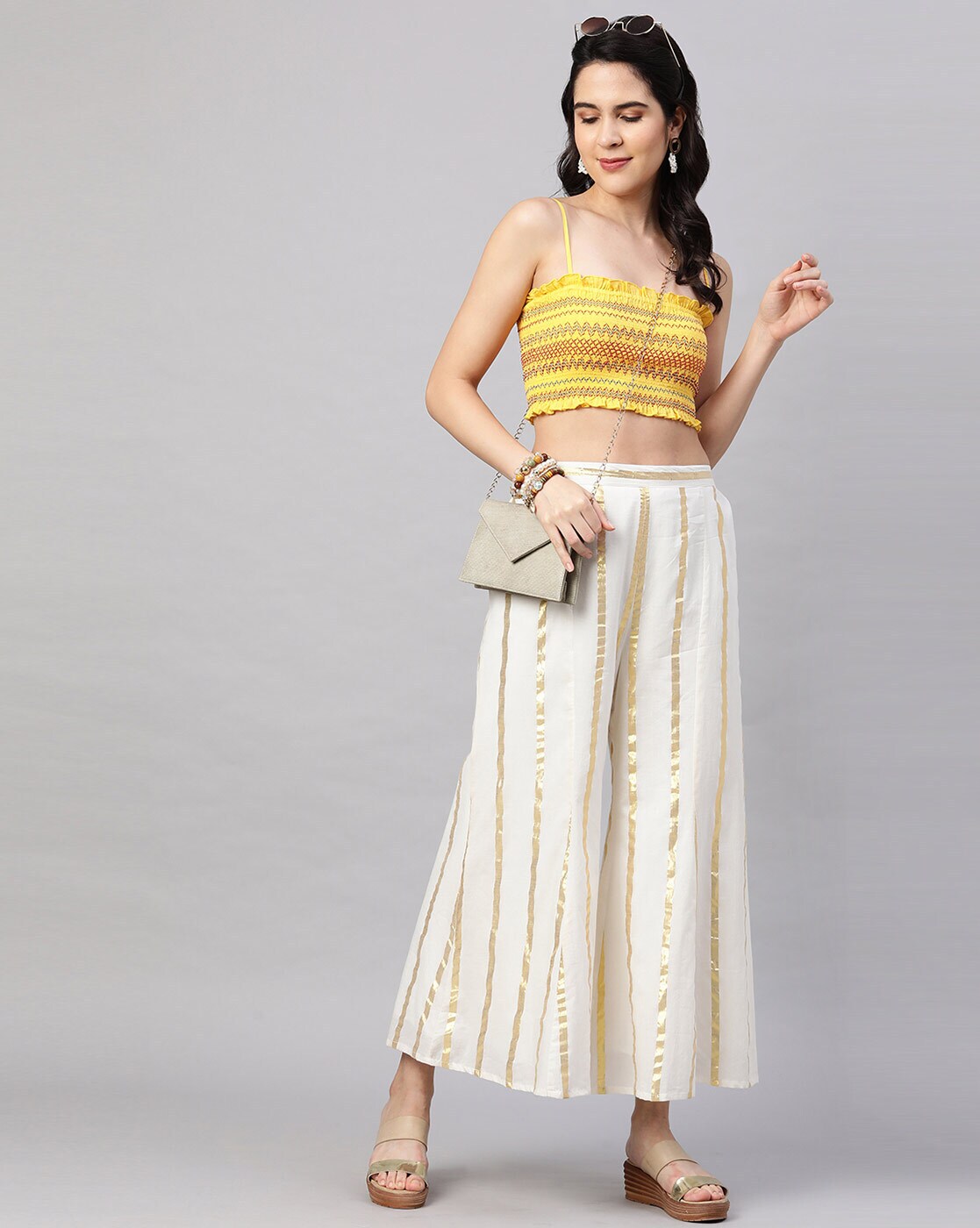 Cream Pure Silk Striped Mid Rise Regular Fit Palazzo For Women