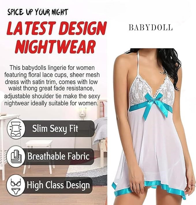 Net Self Design Halter Neck Babydoll Night Suit For Women