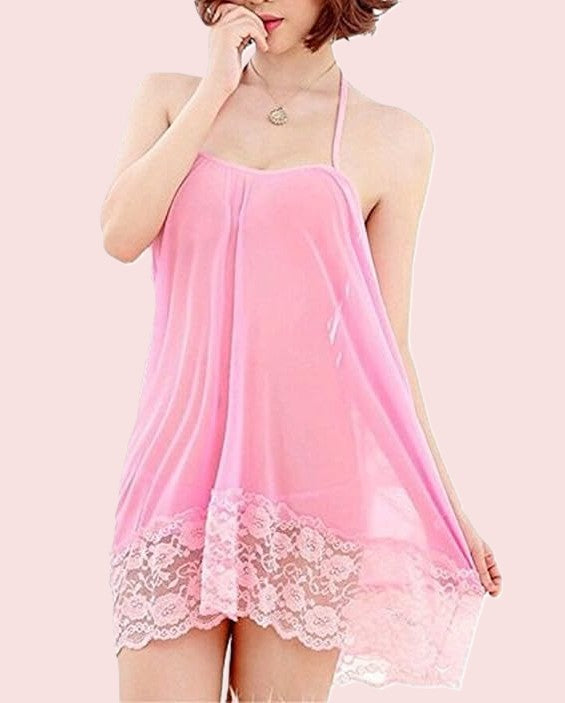 Pink Net Self Design Halter Neck Babydoll Night Suit For Women