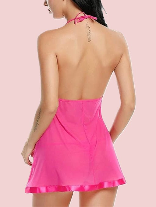 Net Self Design Halter Neck Babydoll Night Suit For Women