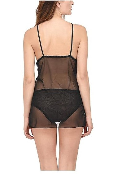 Net Self Design Halter Neck Babydoll Night Suit For Women