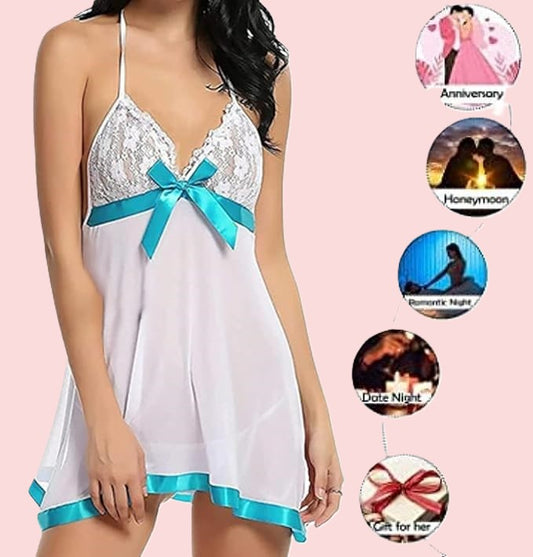 Net Self Design Halter Neck Babydoll Night Suit For Women