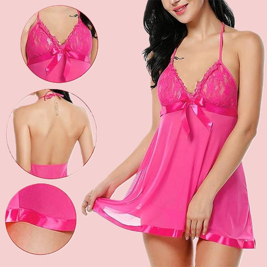 Net Self Design Halter Neck Babydoll Night Suit For Women