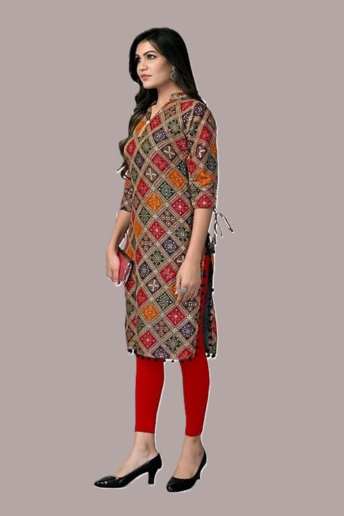 Women Printed Cotton Rayon Straight Kurta (Multicolor)