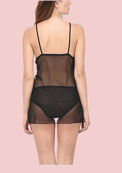 Net Self Design Halter Neck Babydoll Night Suit For Women