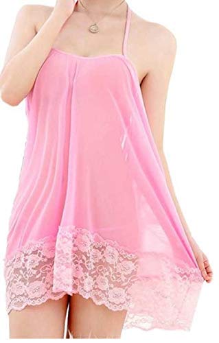 Pink Net Self Design Halter Neck Babydoll Night Suit For Women