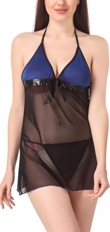 Net Self Design Halter Neck Babydoll Night Suit For Women