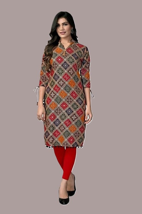 Women Printed Cotton Rayon Straight Kurta (Multicolor)