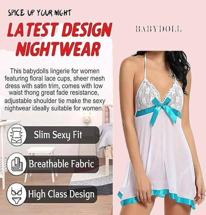 Net Self Design Halter Neck Babydoll Night Suit For Women