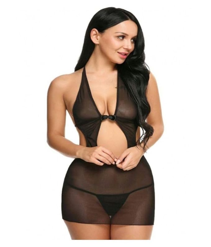 Self Design Halter Neck Babydoll Night Suit For Women