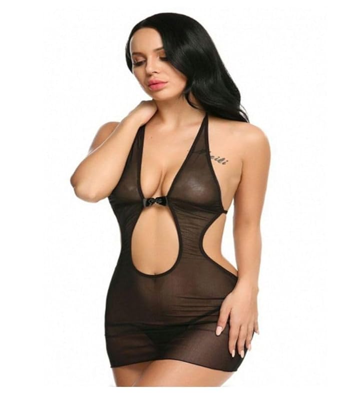 Self Design Halter Neck Babydoll Night Suit For Women