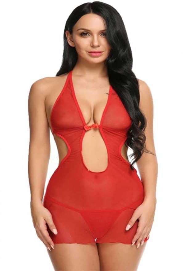 Self Design Halter Neck Babydoll Night Suit For Women
