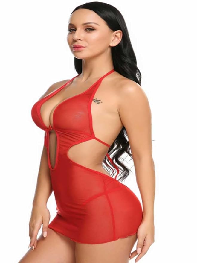 Self Design Halter Neck Babydoll Night Suit For Women