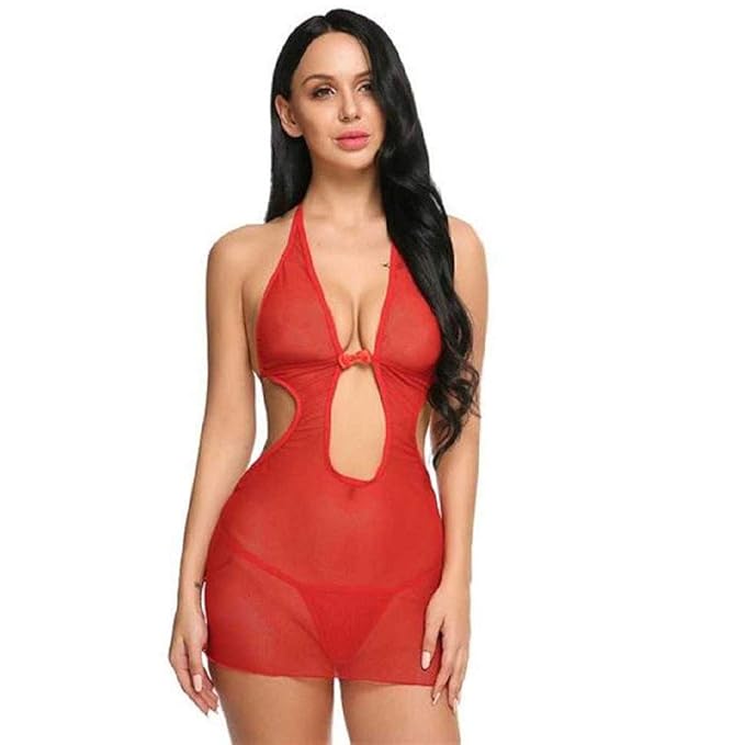Self Design Halter Neck Babydoll Night Suit For Women