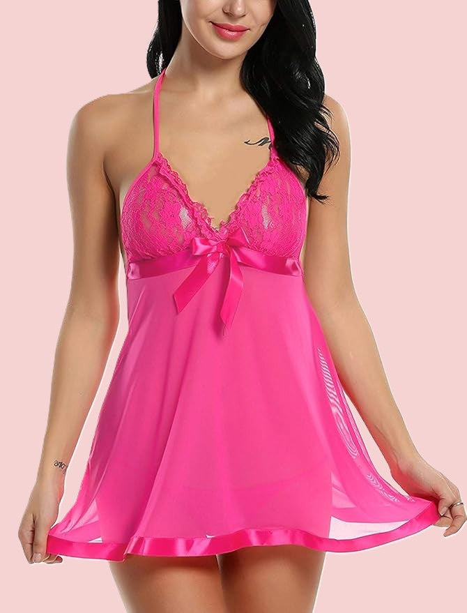Net Self Design Halter Neck Babydoll Night Suit For Women