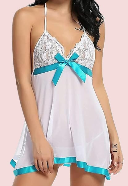 Net Self Design Halter Neck Babydoll Night Suit For Women