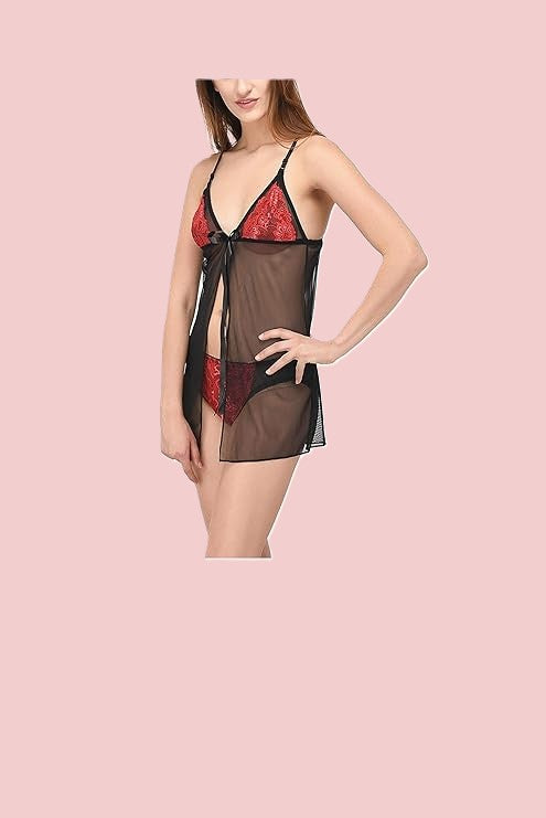 Net Self Design Halter Neck Babydoll Night Suit For Women
