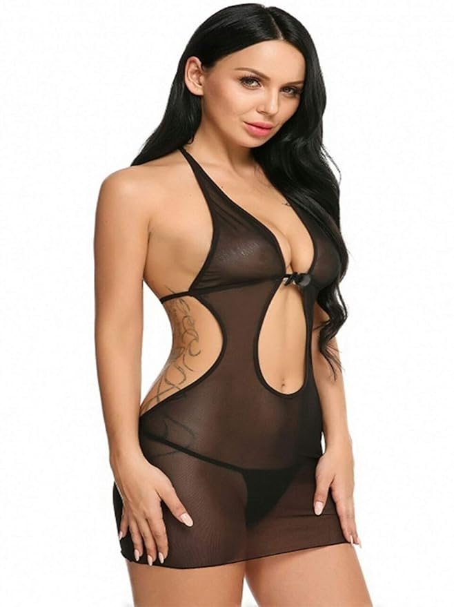 Self Design Halter Neck Babydoll Night Suit For Women