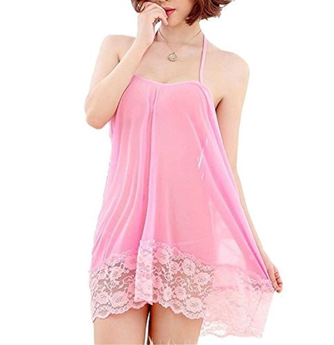 Pink Net Self Design Halter Neck Babydoll Night Suit For Women
