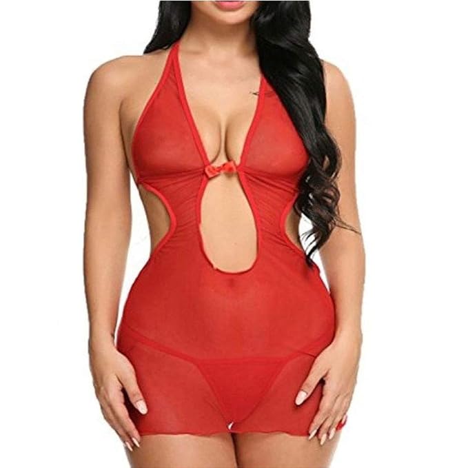 Self Design Halter Neck Babydoll Night Suit For Women