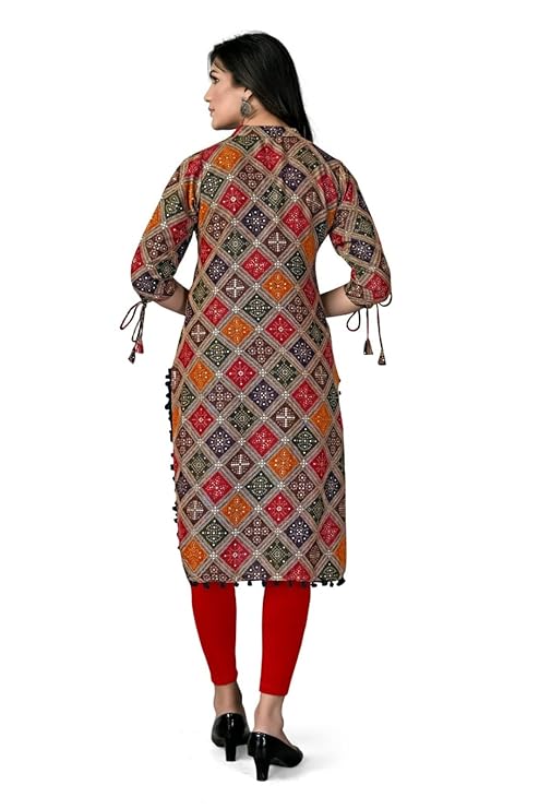 Women Printed Cotton Rayon Straight Kurta (Multicolor)