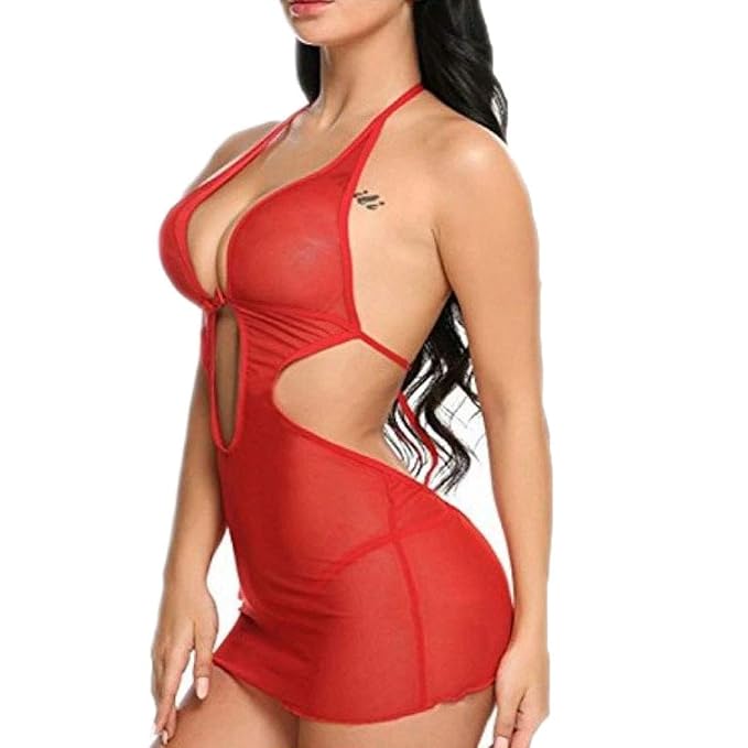 Self Design Halter Neck Babydoll Night Suit For Women