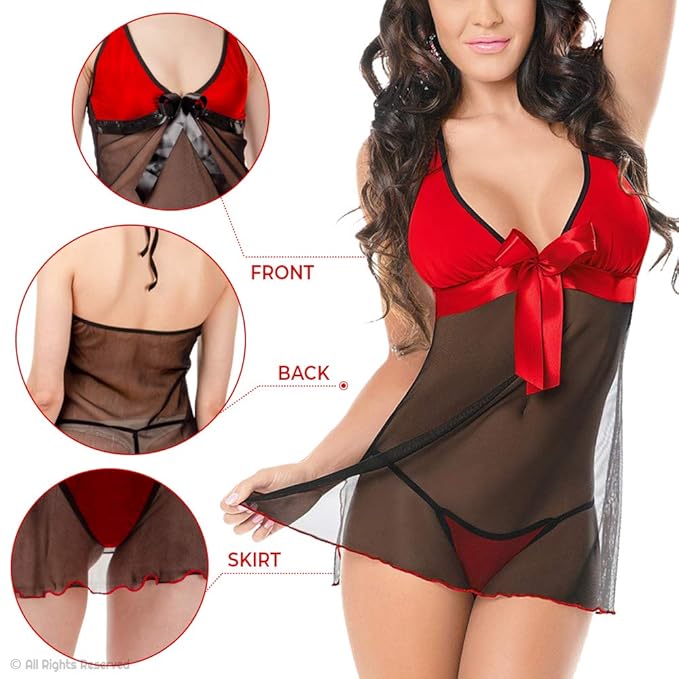 Net Self Design Halter Neck Babydoll Night Suit For Women