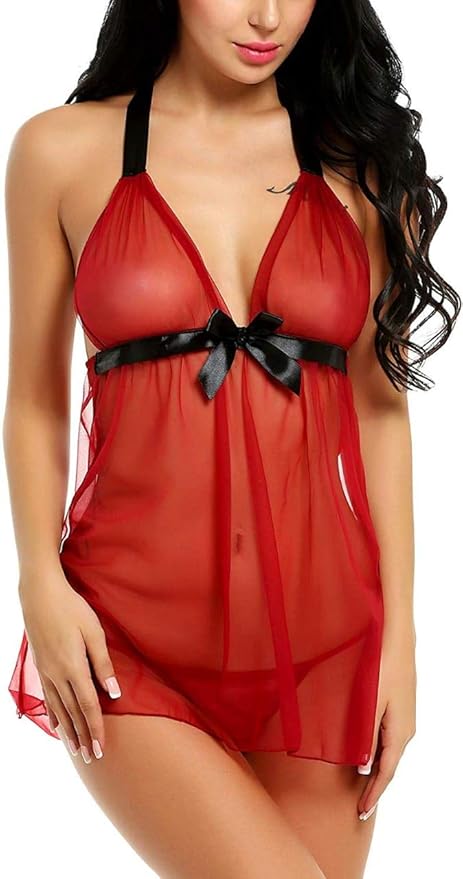 Red Net Self Design Halter Neck Babydoll Night Suit For Women