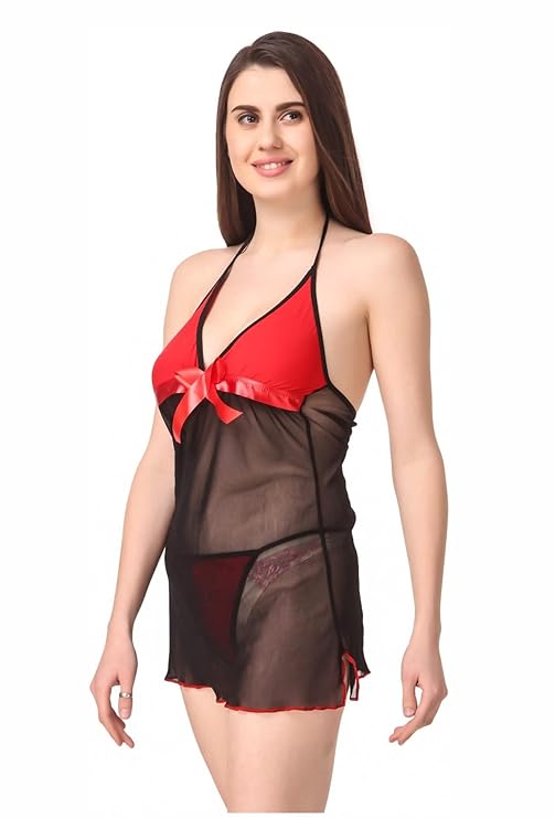 Net Self Design Halter Neck Babydoll Night Suit For Women