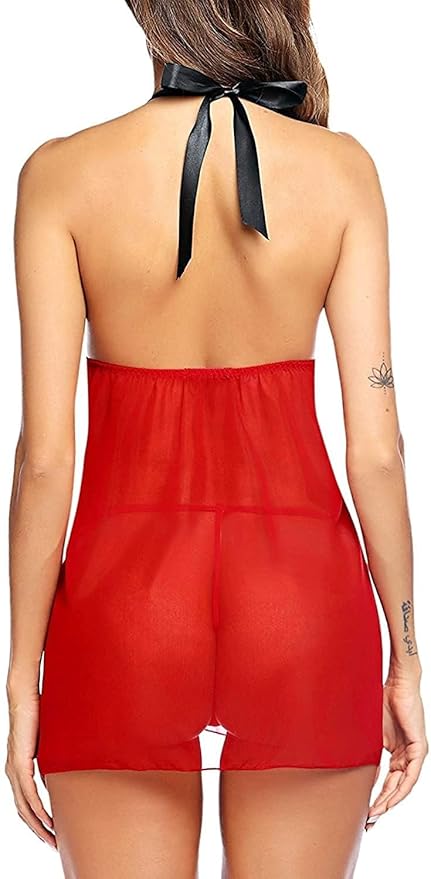 Red Net Self Design Halter Neck Babydoll Night Suit For Women