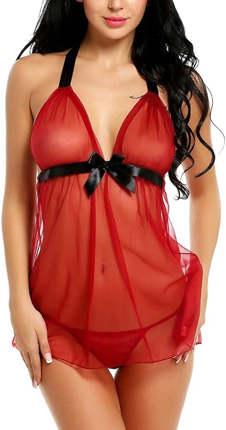 Red Net Self Design Halter Neck Babydoll Night Suit For Women