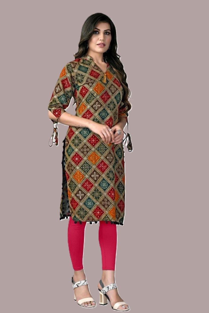 Women Printed Cotton Rayon Straight Kurta (Multicolor)