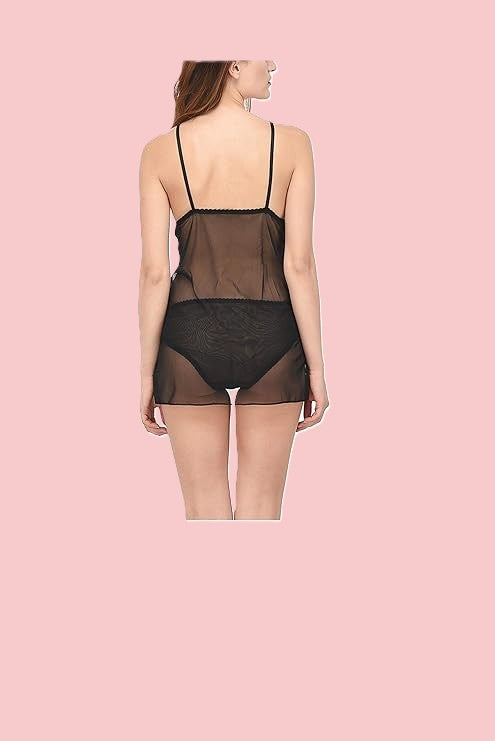 Net Self Design Halter Neck Babydoll Night Suit For Women