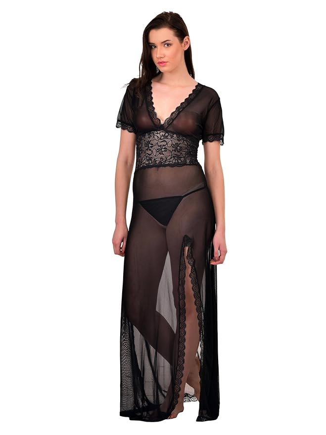 Black Net Self Design Halter Neck Babydoll Night Suit For Women