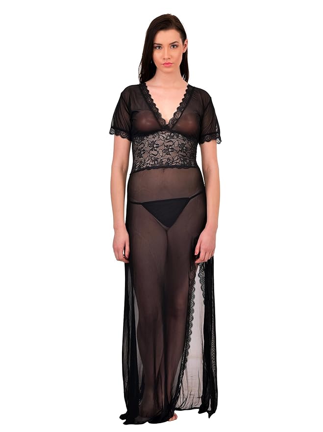 Black Net Self Design Halter Neck Babydoll Night Suit For Women