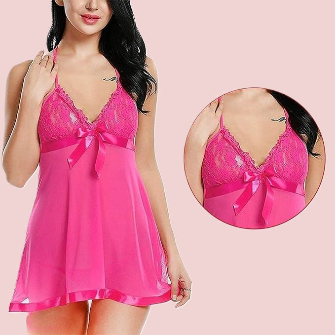 Net Self Design Halter Neck Babydoll Night Suit For Women