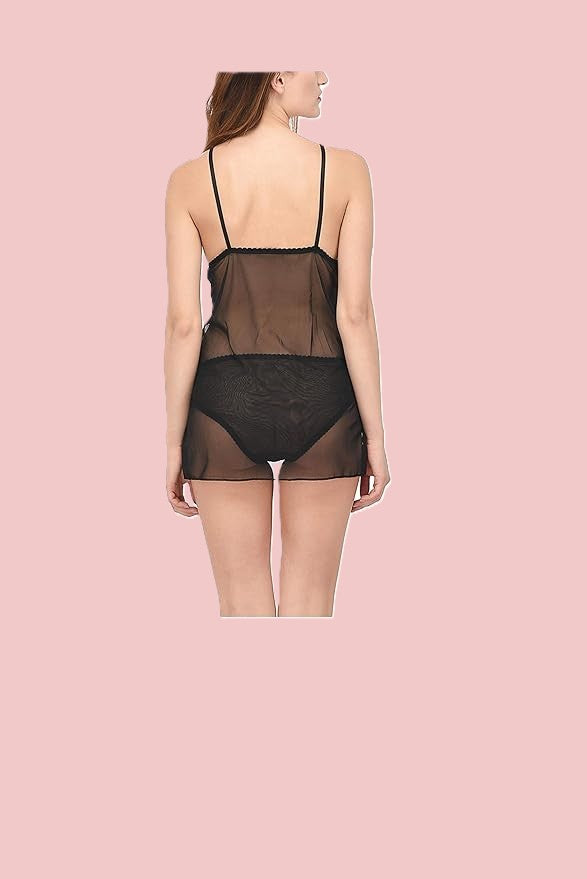 Net Self Design Halter Neck Babydoll Night Suit For Women