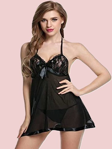 Net Self Design Halter Neck Babydoll Night Suit For Women