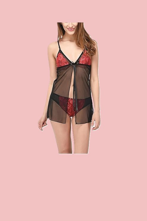 Net Self Design Halter Neck Babydoll Night Suit For Women