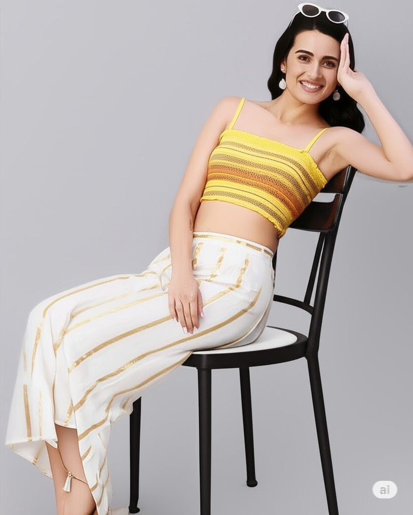 Cream Pure Silk Striped Mid Rise Regular Fit Palazzo For Women