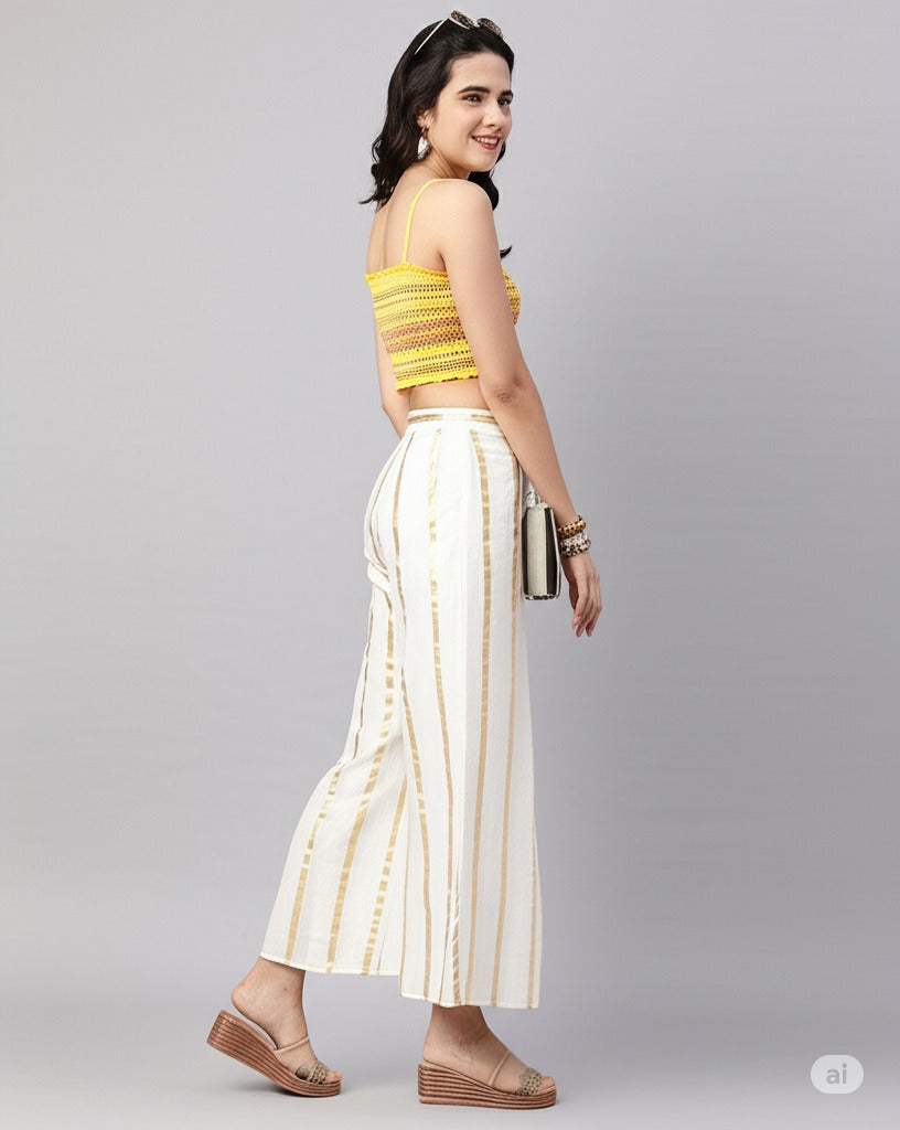 Cream Pure Silk Striped Mid Rise Regular Fit Palazzo For Women