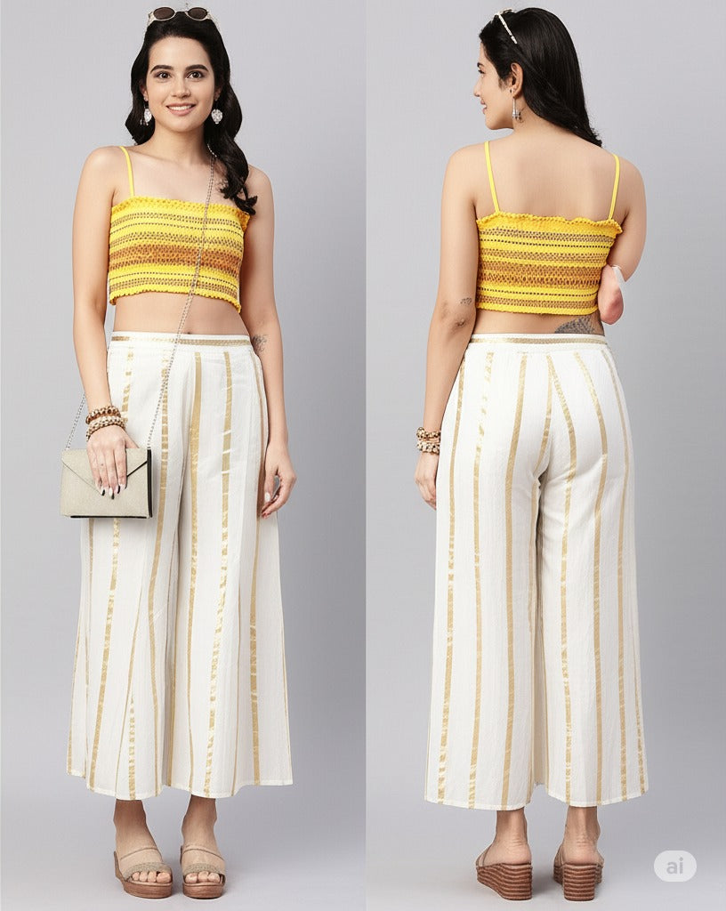 Cream Pure Silk Striped Mid Rise Regular Fit Palazzo For Women