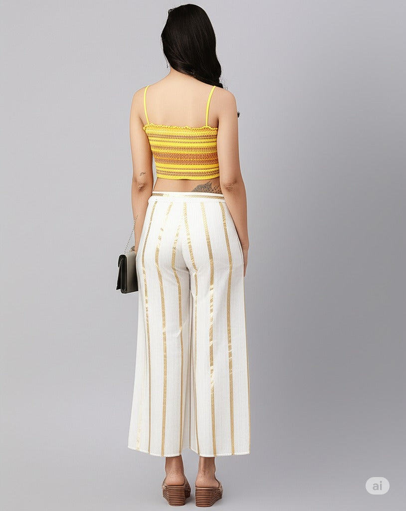 Cream Pure Silk Striped Mid Rise Regular Fit Palazzo For Women
