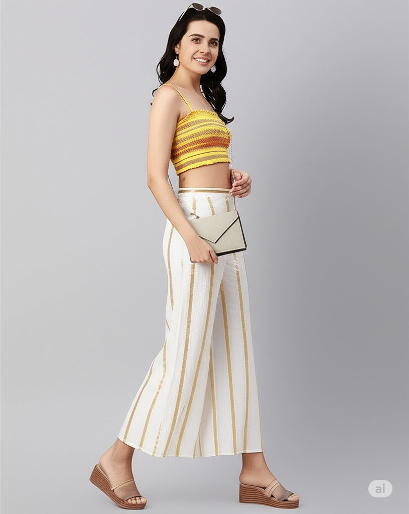 Cream Pure Silk Striped Mid Rise Regular Fit Palazzo For Women