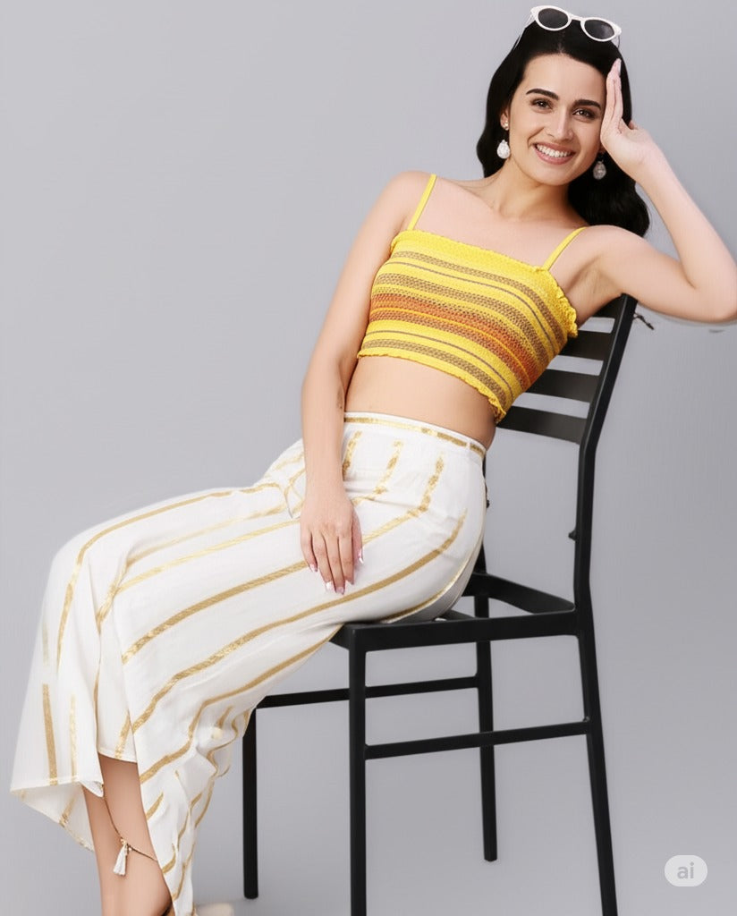 Cream Pure Silk Striped Mid Rise Regular Fit Palazzo For Women