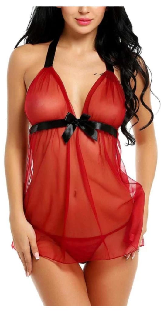 Red Net Self Design Halter Neck Babydoll Night Suit For Women